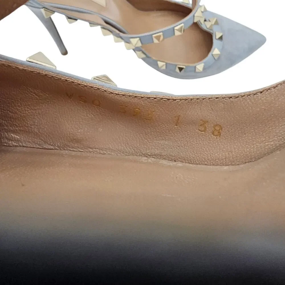 Valentino Garavani Rockstud Cage Heel Pump T Strap Gray Suede Gold Size 38 US 8